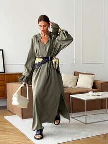 Vestido de lino estilo francés tierno 2026, cuello V, manga larga, cintura ajustada con lazos y abertura lateral, diseño elegante y delicado. - Verde - Ver 6