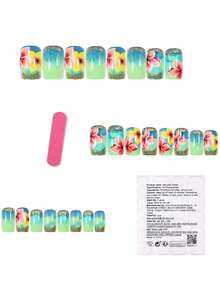 24Pcs Short Press On Nails Flower Fake Nails Spring Summer Green Floral Glue On Nails Gold Glitter Cute Flower False Nails Full Cover Acrylic Stick On Nails For Women Girls Nail Art Decorations - Multicolor - View 6