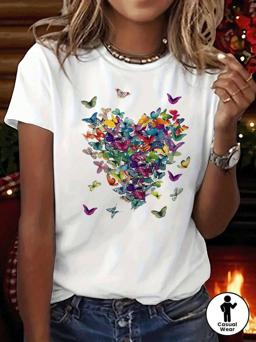 Camiseta estampada con diseño de mariposas y corazón, manga corta y cuello redondo, top casual para verano y primavera, ropa de mujer