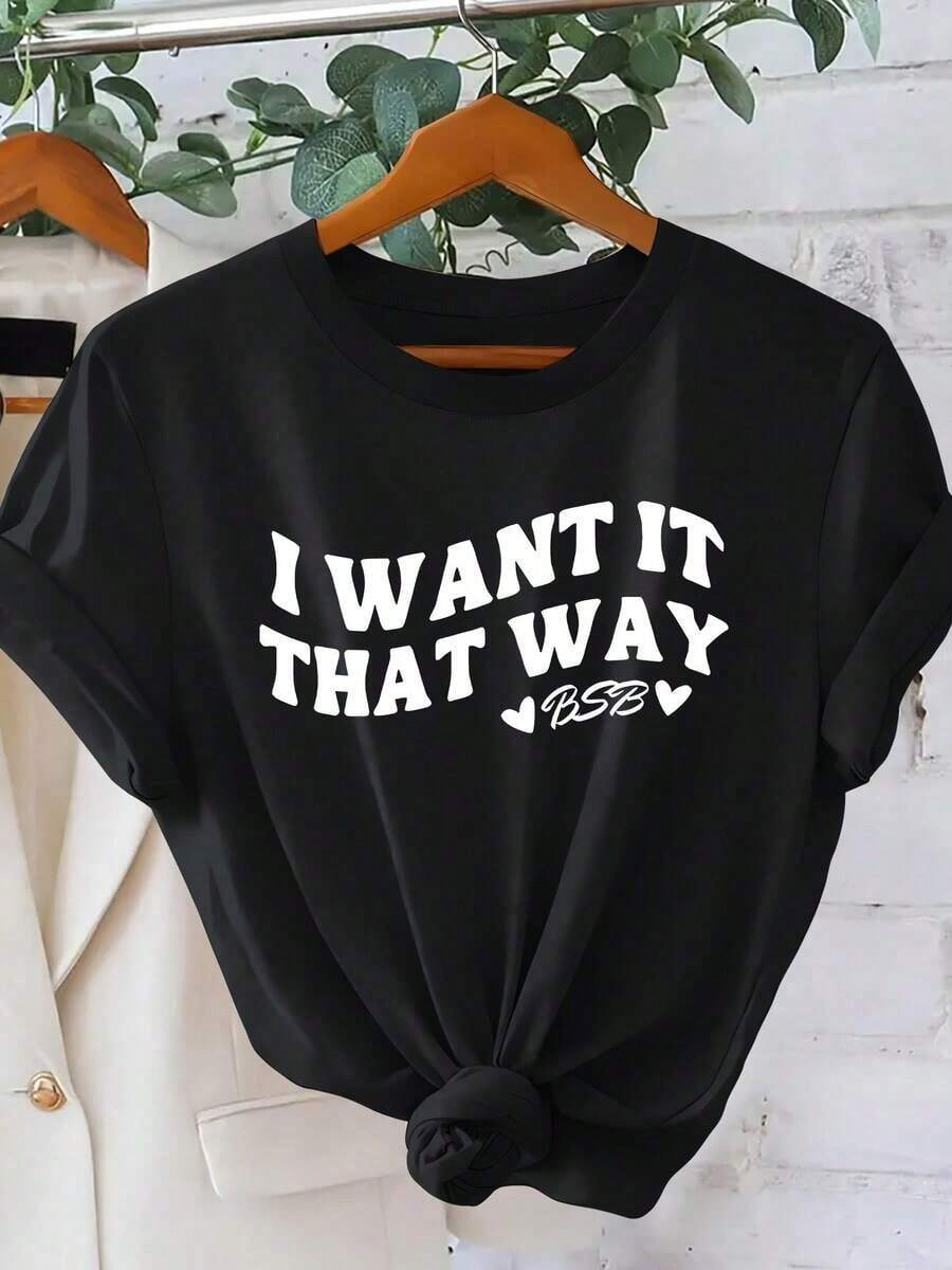 Women's Cotton T-Shirt With Simple And Versatile Design, Vintage Style, "I WANT IT THAT WAY" Print, BSB, Round Neck, Short Sleeve, Spring Summer, Elegant Top For Parties And Everyday Wear, Vintage Clothing For Women, Special Offer 100% Cotton Blouses - 黑色 - 查看 1
