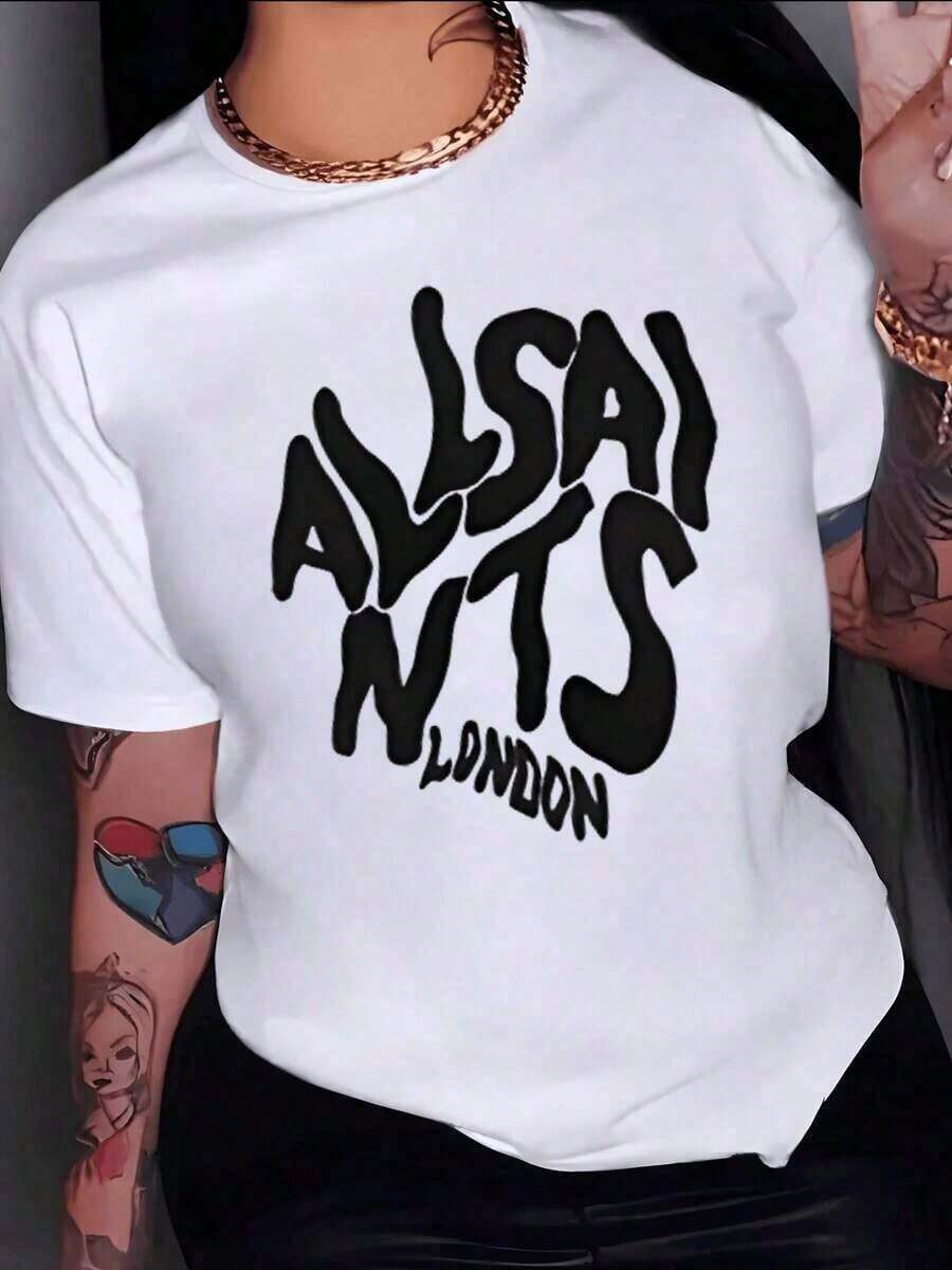 short-sleeveLetras artísticas negras que representan la energía urbana y la conexión moderna con Londres reflejando confianza y actitud contemporánea camiseta para mujer algodón cómoda y versátil Cuello Redondo Algodón Tejido Suave Manga Corta Transpirable y Fresca100% Cotton - Blanco - Ver 1