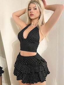 2 piezas Conjunto Y2K negro que incluye: Top acortada con cuello en V y estampado de lunares con diseño de halter, y minifalda con volantes de múltiples capas con estampado de lunares - Negro - Ver 1