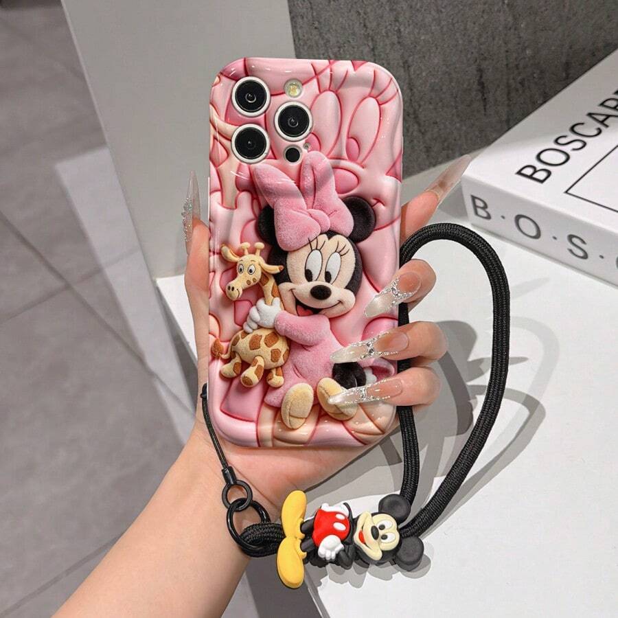 Disney Minnie Mouse Phone Case With Minnie Charm And Lanyard - Cute Minnie Protective Case With Giraffe Plush Toy And Pink 3D Background, Equipped With Delicate Mickey Decorative Lanyard And Beaded Bracelet For Easy Carrying, Compatible With IPhone 17, 16, 15, 14, 13, 12, 11 Pro Series, Ideal For Birthdays, Holidays, Anniversaries, Graduation Gifts, Or Any Special Occasion To Surprise Family, Friends, Classmates, And Loved Ones. - White - View 1