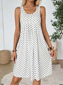 Vestido corto de verano para mujer de unicolor simple, cuello redondo, plisado y sin mangas - Blanco - Ver 5