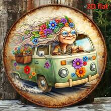 2D Flat, 1pc 8x8 Inch/20x20cm Round Wall Plaque "Hippie Grandma Driving Flower Car" Retro Boho Style Floral Wreath Decorated Van - Vintage Style Suitable For Cafe, Decor - Van Metal Sign, 2D Flat (Random Hole Position) - A - View 8