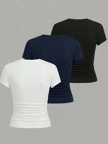 1 pieza Camiseta de manga corta informal de unicolor para mujer - Multicolor 8 - Ver 2