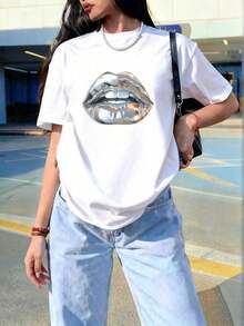 2026 New Cotton-shirtCamiseta de mujer de manga corta y cuello redondo con estampado de labios, de verano, casual, holgada y versátil, estilo elegante de color blancoLightweight Cotton - Blanco - Ver 2