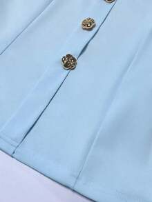 Camiseta de mujer de unicolor con cuello cuadrado y decoración de botones delanteros de manga corta - Azul - Ver 4