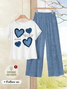 Set de 2 piezas de top de cuello redondo holgado y pantalones de pierna ancha para mujer, conjunto versátil casual para primavera/otoño, conjunto de pantalones y top casual para vacaciones - Multicolor 3 - Ver 1