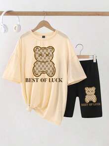 Conjunto de camiseta y pantalones cortos de ciclista con estampado gráfico de número 13 y eslogan, de moda casual para mujer - Multicolor 3 - Ver 4