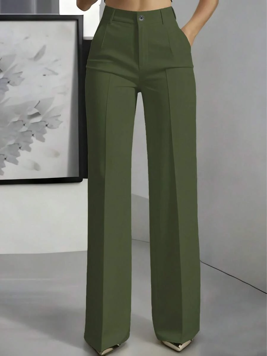 Solid Color Button Zipper Pocket Design Straight Loose Fit Pants Spring - Army Green - View 1