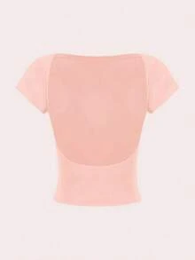 2 piezas Parte superior corta de cuello redondo y espalda descubierta de manga corta, apropiada para el verano, para mujeres sexy - Multicolor 13 - Ver 4
