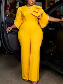Plus Size Slim Fit Jumpsuit, O-Neck Short Flare Sleeve, 3D Floral Pearl Chain, High Waist Wide Leg Pants, Elegant Commute Business Party Occasions - Yellow - View 4