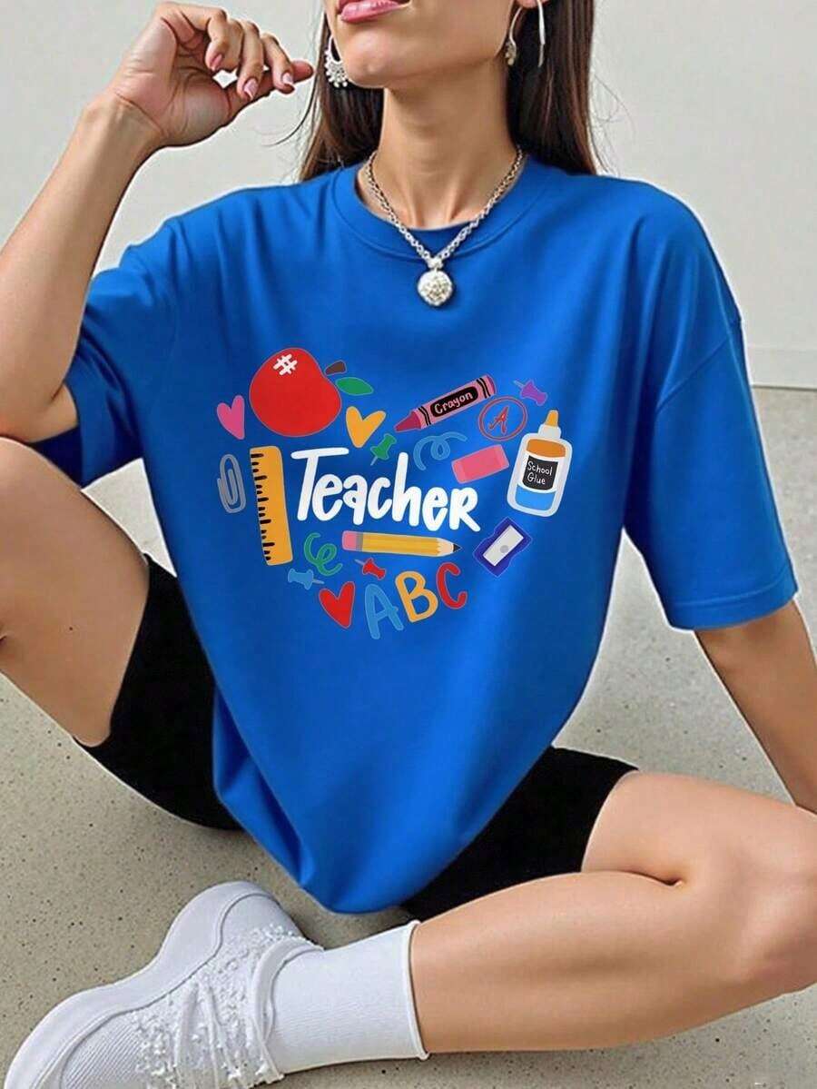 WOOAVIVA Women's T-Shirt, Soft 100% Cotton, Fashionable For Summer, Y2K Style Cleanfit, Casual, Slim Fit, Colorful, ABC Teacher Design, Perfect Gift For Teachers, School Professors, Back To School, Teacher Appreciation, Casual, Perfect For All Seasons, Women's Printed Blouse. - 藍色的 - 查看 1