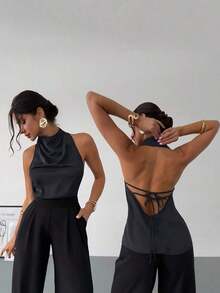 negra ajustada de estilo casual y elegante para la temporada de primavera/verano, con cuello asimétrico, sin mangas, escote halter, espalda descubierta y decoración de lazo - Gris - Ver 1