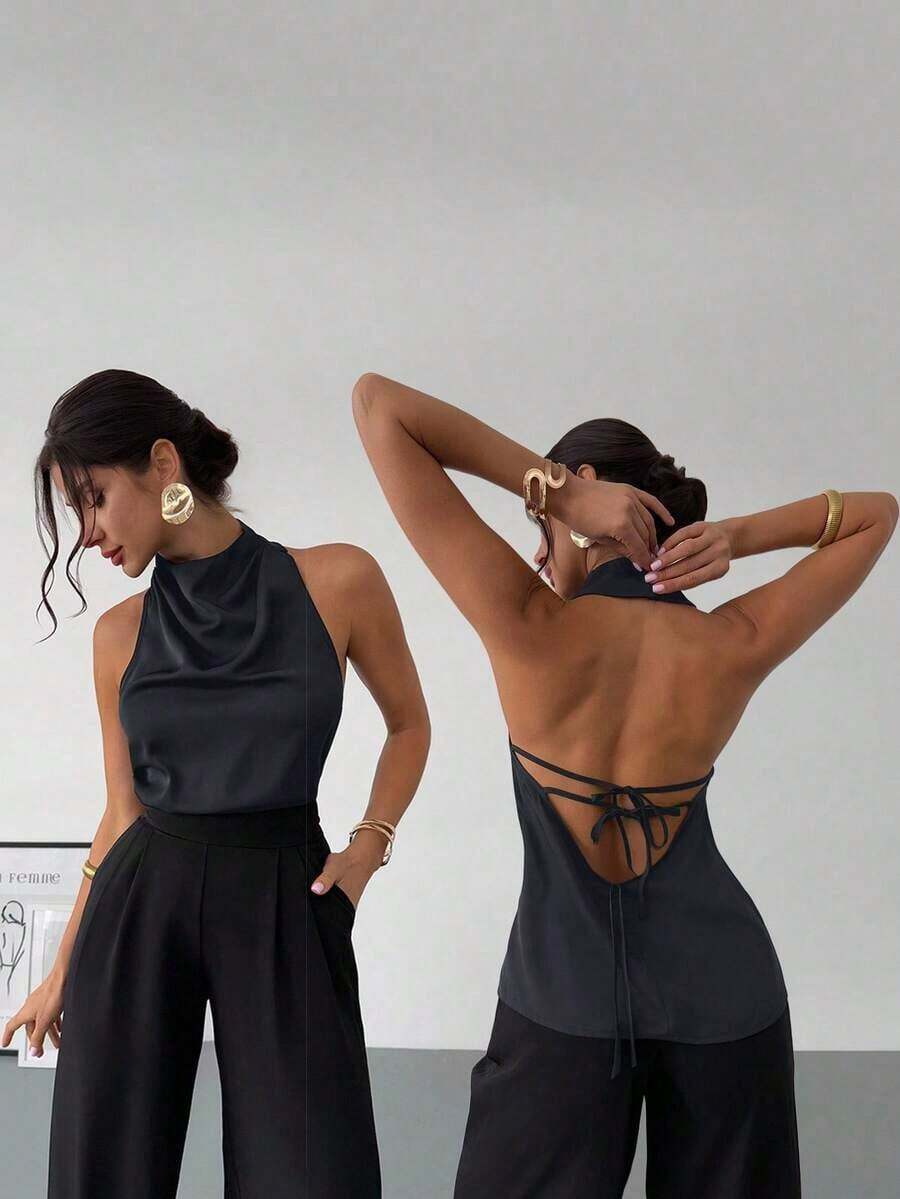 negra ajustada de estilo casual y elegante para la temporada de primavera/verano, con cuello asimétrico, sin mangas, escote halter, espalda descubierta y decoración de lazo - Gris - Ver 1