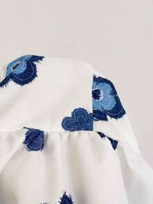 Blusa de corte de línea A con cuello cuadrado, manga corta y estampado retro azul y blanco, adecuada para fiestas, citas, el Día de San Valentín, el té de la tarde - Azul y blanco 4 - Ver 7