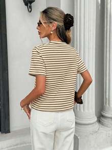 Frenchy Camiseta de mujer de manga corta, cuello redondo, ajustada y minimalista, adecuada para primavera/verano, con estampado de rayas rosa y marrón - Marrón 5 - Ver 2