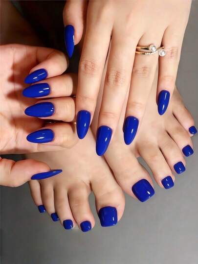 48pcs Navy Blue Women's Nail Stickers With Nail File, Including 24pcs Almond Shaped Manicure Nail Tips And 24pcs Pedicure Nail Art Tips, Fashion Gift Set