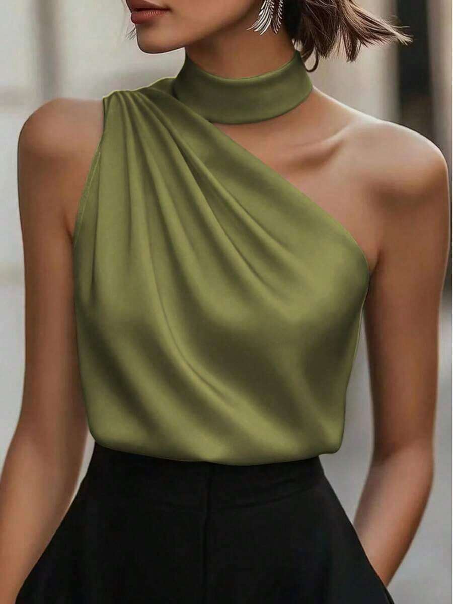 1 pieza Blusa elegante sin mangas de satén de unicolor con volantes asimétricos/asimétricos, adecuada para verano, vacaciones, oficina, hogar, uso diario, fiesta de cumpleaños, eventos formales y casuales - Verde militar - Ver 1