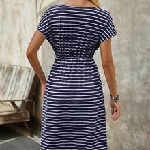 Women's Casual Striped Drawstring Waist Mid-Length Dress, Vacation Wear - Marrón - Ver 3
