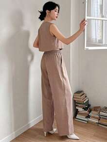 Set de 2 piezas de camisa y pantalones de pierna ancha de unicolor para mujer, conjuntos de ropa de descanso para mujer - Caqui - Ver 2