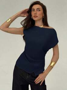 Blusa de oficina para mujer con cuello de barco, mangas cortas y corte cropped en color beige - Azul marino - Ver 4