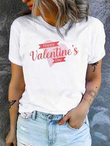 Women's Casual Short Sleeve Crew Neck T-Shirt, Creative Prints For Valentine's Day, Simple Design, Suitable For All Seasons, Comfortable And Versatile, Couple Style, Graphic T-Shirt. - White 5 - View 7