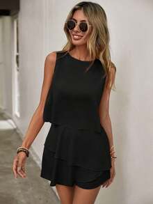 2 piezas de camiseta sin mangas y shorts de falda con diseño asimétrico y multicapa, ideal para uso casual, ir al trabajo o de vacaciones - Negro - Ver 7