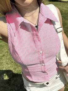 Camisa sin mangas de mujer de rayas tejida, azul - Rosa - Ver 4