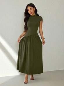 Vestido casual largo plisado de manga abullonada y cuello alto en unicolor para mujer, de verano - Verde militar - Ver 3