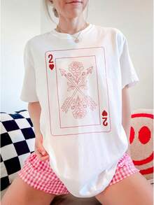 1 Piece 180g Women's T-Shirt, Men's Casual Cotton Crew Neck T-Shirt. Women's Sports T-Shirt. Designed By Y2K Artists In The Bababask Style, Made From 100% Pure Cotton. Vintage Playing Card Design With Roses, Classic Style, Comfortable Short Sleeves. - 白色 - 查看 6