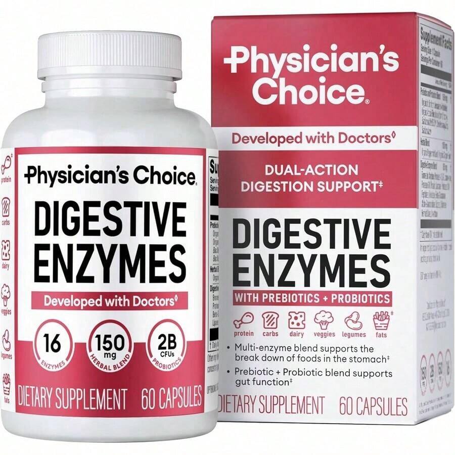 Physician's CHOICE Digestive Enzymes For Bloating & Digestion - 16 Enzymes With Organic Prebiotics & Probiotics For Gut & Digestive Health - Meal Time Discomfort Relief - Dual Action Support - 60 CT - 60 cái (Gói 1) - Xem 1