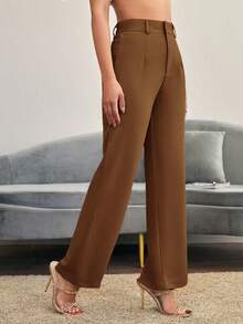 Pantalones rectos casuales lisos para mujer, para uso diario en otoño/invierno - Marrón 2 - Ver 5