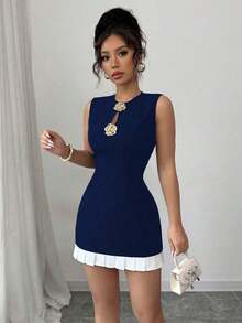 Raffinéa Vestido con hebilla de metal hueca y ribete de volantes para mujer - Azul marino - Ver 5