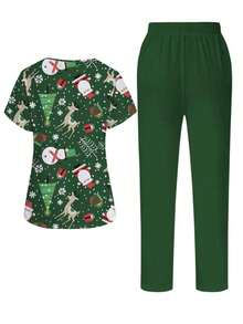 PopScrub Conjunto de 2 piezas con diseño de bolsillo con oreja, estampado de gato y planta de dibujos animados, de cuello en V y manga corta, uniforme de enfermera de primavera/verano, pantalón casual de color azul claro, conjunto de uniforme de enfermera, adecuado para amantes de los gatos - Multicolor 6 - Ver 2