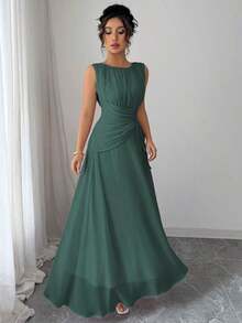 Vestido maxi casual, romántico, vintage y elegante de gasa para mujer con cordón en la cintura, para la playa, el té de la tarde, fiestas de noche, uso diario, sin mangas, de unicolor, vestido largo, primavera/verano - Verde Oscuro - Ver 3