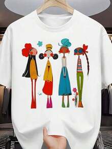 Camiseta unisex negra 100% algodón con motivos femeninos coloridos, corte holgado, ideal para uso casual y formal, lavable a máquina, cuello redondo, mangas cortas, tela ligeramente elástica, patrón geométrico, talla S, 2026-Atuendo para el Día de la Madre, ropa linda, vestidos de verano para mujer. - Blanco - Ver 7