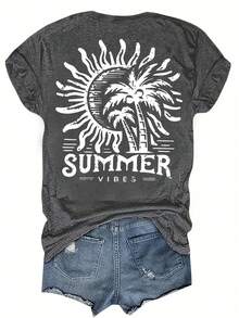 Round Neck T-Shirt With Letter Print, Beach And Sun, Casual Short Sleeve Top For Women, Women's Clothing - Breathable And Skin-Friendly - 白色 - 查看 10