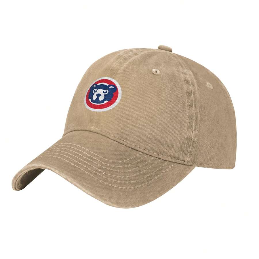 Unisex Vintage Washed Denim, Chicago Cubs Retro Bear Face Logo Print, Adjustable Denim Dad Cap, Lightweight Casual Denim Cap, Daily Casual Street Headwear - Màu Khaki - Xem 1