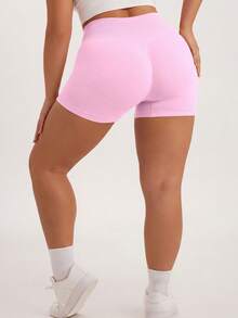NcmRyu 1pc Women Plus Size Solid Color Ruched Fitted Sports Shorts - Pink - View 8