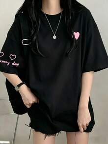 女士圆领短袖T恤，夏季新款爱心图案字母印花，时尚休闲百搭宽松上衣 - 黑色 - 查看 7