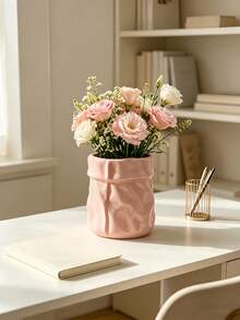 1pc Crumpled Paper Bag Shaped Vase , Cream Aesthetic Flower Pot For Home Desktop Decor, Ins Style Textured Planter For Living Room/Bedroom, Pink & Cream White - Multicolor - View 6