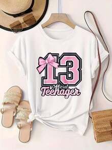 Camiseta Casual de Manga Corta para Mujer - Rosa con Lazo Número Trece, Estampado Oficial para Adolescentes, Cuello Redondo, Top de Verano, Lavable a Máquina, Camisetas para Damas, Ropa Casual, Estilo Moderno, Ajuste Cómodo  
 Negro - Blanco - Ver 2