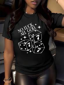 Tres dados con el número siete rodeados de destellos simbolizan la fe superior y la confianza en el destino camiseta de mujer casual moderna cómoda para uso diario - Negro - Ver 8