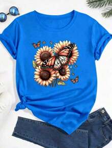 Limited Edition Women's Fashion Minimalist Casual Shirt Graphic Short Sleeve T-Shirt With Sunflower And Butterfly Appliqué For Plus Size Women New Loose And Versatile Top Lightweight Cotton - 藍色 - 查看 6