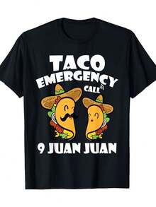 Limited Edition Taco Emergency Call 9 Juan Juan Cinco De Mayo T-Shirt, 100% Cotton, Sporty Style, Round Neck, Long Sleeves, Short Cut, Asymmetrical Hem, Solid Color, Regular Fit, Washable, Suitable For All Seasons - 220g Lightweight Cotton - 黑色 - 查看 3