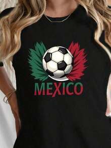 playeras de algodón mujer 1pscCamiseta unisex de algodón puro con patrón de fútbol mexicano, para hombres y mujeres. Deportiva casual de manga corta y cuello redondo, color negro, diseño del equipo nacional de México. Tela transpirable y elástica, adecuada para días de partido.100%cotton ropa de mujer  Daily home top - Negro - Ver 2
