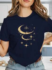Comfortable And Stylish Women's "Moon Phases And Stars" T-Shirt In Y2K Style With Oversized Logo And Geometric Print - Short-Sleeved, Fitted Top, Black And Gold Color Combination, Casual Summer Wear, Machine Washable Stretch Fabric (Anti-Wrinkle), Suitable For Everyday Wear And To Match With Other Garments. - 黑色 - 查看 5