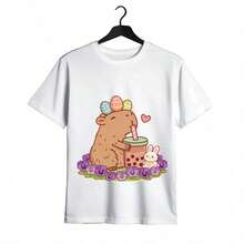 Tops para mujer de Algodón Negra con Estampado de Capibara Boba de Pascua para Mujer, Linda  Casual de Manga Corta con Cuello Redondo, Corte Regular, Elasticidad Media, Ropa Urbana - Blanco - Ver 2